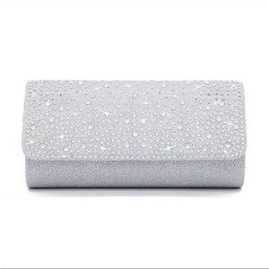 Crystal Evening Clutch Silver Flap Shoulder Bag Rhinestone Cocktail Wedding